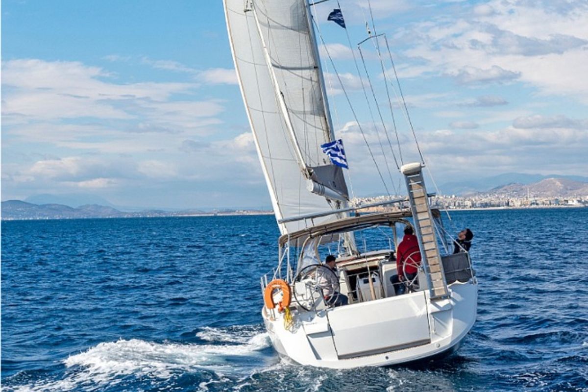 Exterior view of Promise, a Jeanneau Sun Odyssey 509 sailboat at Athens, Greece