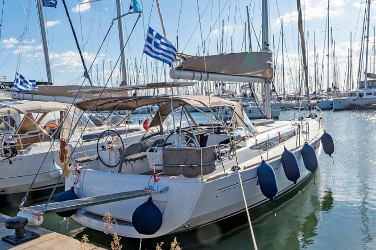 Exterior view of Promise, a Jeanneau Sun Odyssey 509 sailboat at Athens, Greece