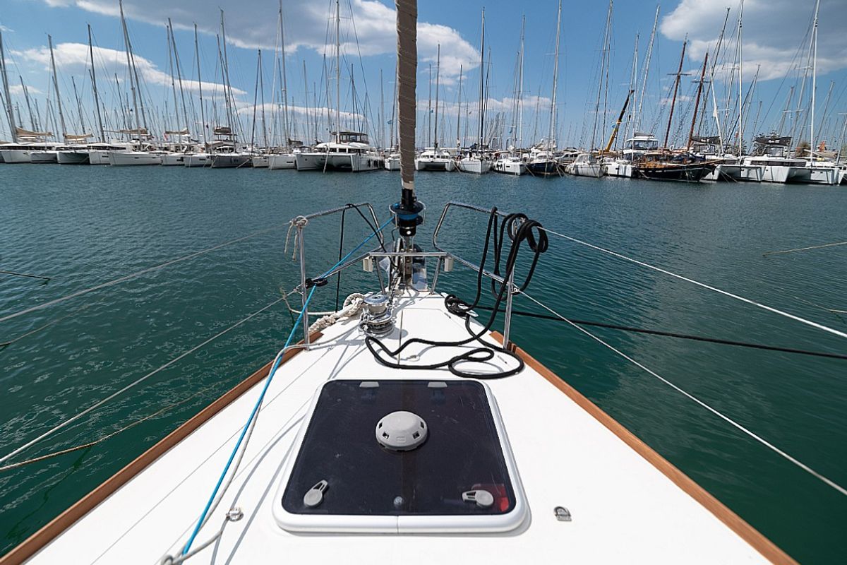 Deck of Promise, a Jeanneau Sun Odyssey 509 sailboat at Athens, Greece