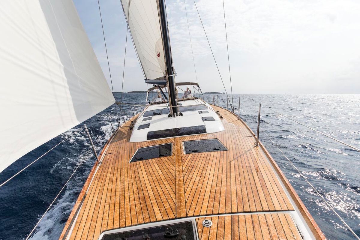 Deck of Eurus, a Dufour 520 GL sailboat at Primošten, Croatia