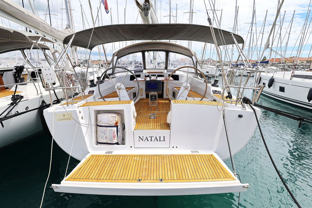 Exterior view of Natali, a Hanse Yachts Hanse 415 sailboat at Grad Biograd na Moru, Croatia