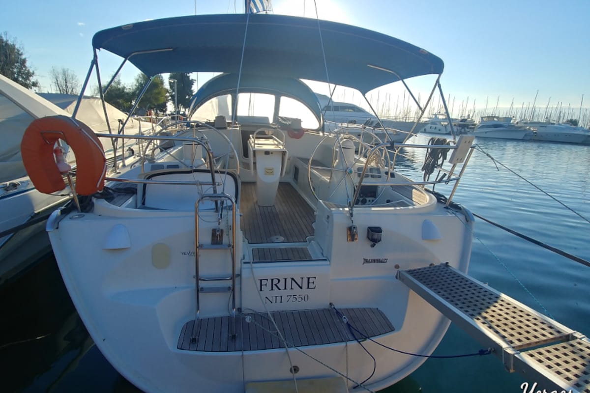 Deck of Frine, a Jeanneau Sun Odyssey 43 sailboat at Naousa, Greece