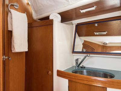 Head on Frine, a Jeanneau Sun Odyssey 43  sailboat at Naousa, Greece