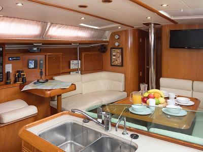Galley of Frine, a Jeanneau Sun Odyssey 43  sailboat at Naousa, Greece