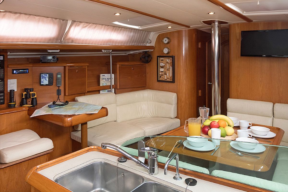 Galley of Frine, a Jeanneau Sun Odyssey 43  sailboat at Naousa, Greece