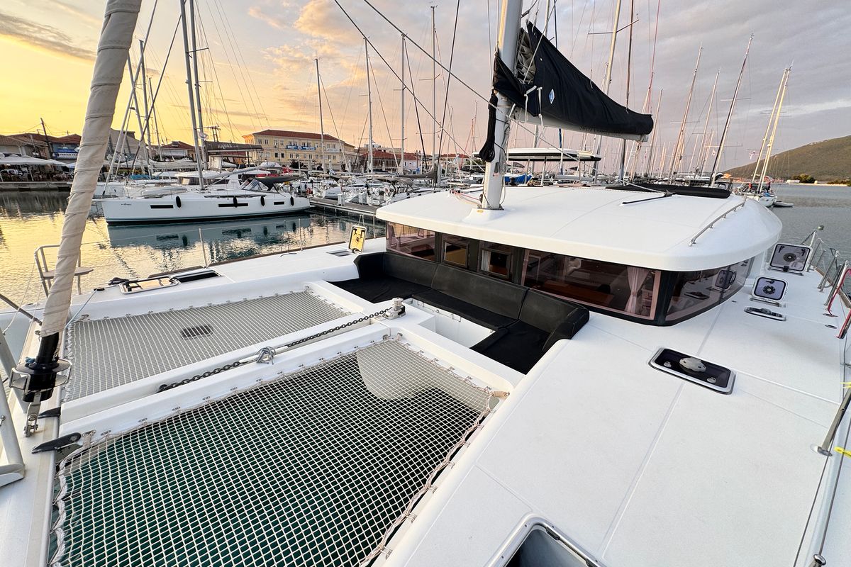 Deck of Salty Love, a Lagoon 450 Sport catamaran at Municipal Unit of Lefkada, Greece