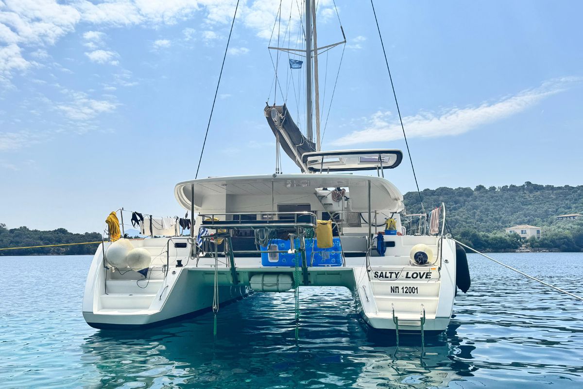 Exterior view of Salty Love, a Lagoon 450 Sport catamaran at Municipal Unit of Lefkada, Greece