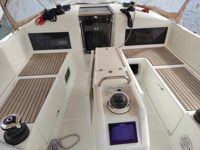 Cockpit of Alboran Caipiroska, a Jeanneau Sun Odyssey 440 sailboat at es Jonquet, Spain
