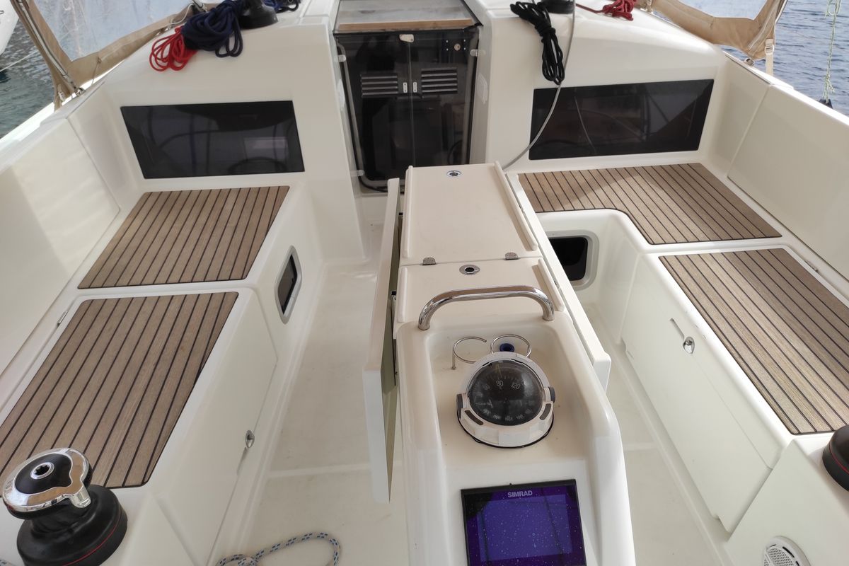 Cockpit of Alboran Caipiroska, a Jeanneau Sun Odyssey 440 sailboat at es Jonquet, Spain