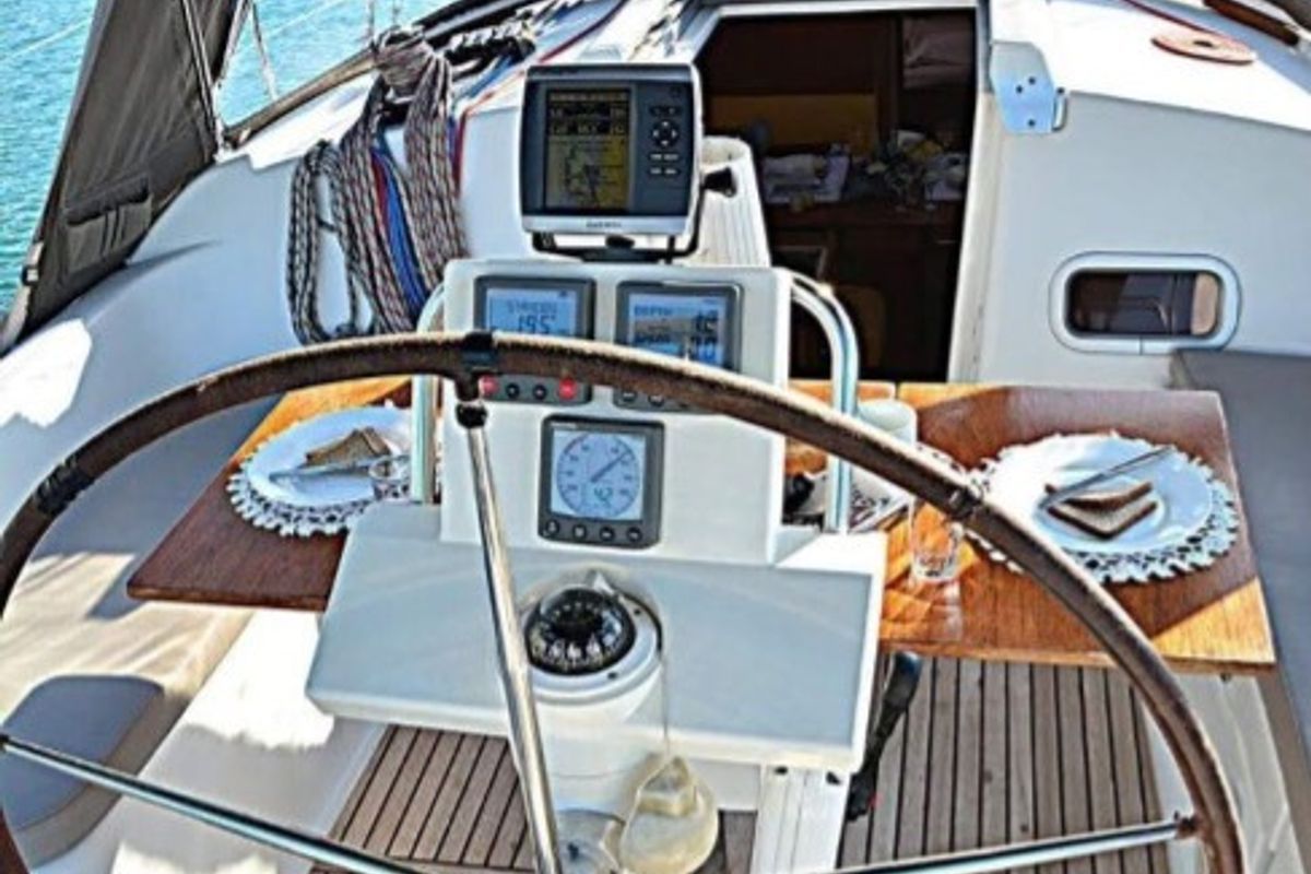 Cockpit of Maria, a Beneteau Oceanis 37 sailboat at Municipal Unit of Palairos, Greece