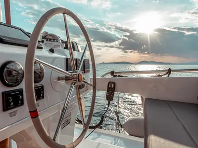 Cockpit of Sea Energy V, a Fountaine Pajot Saba 50 catamaran at Athens, Greece