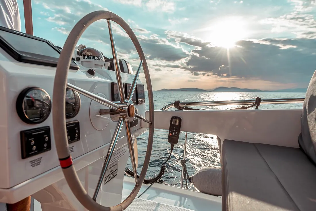 Cockpit of Sea Energy V, a Fountaine Pajot Saba 50 catamaran at Athens, Greece