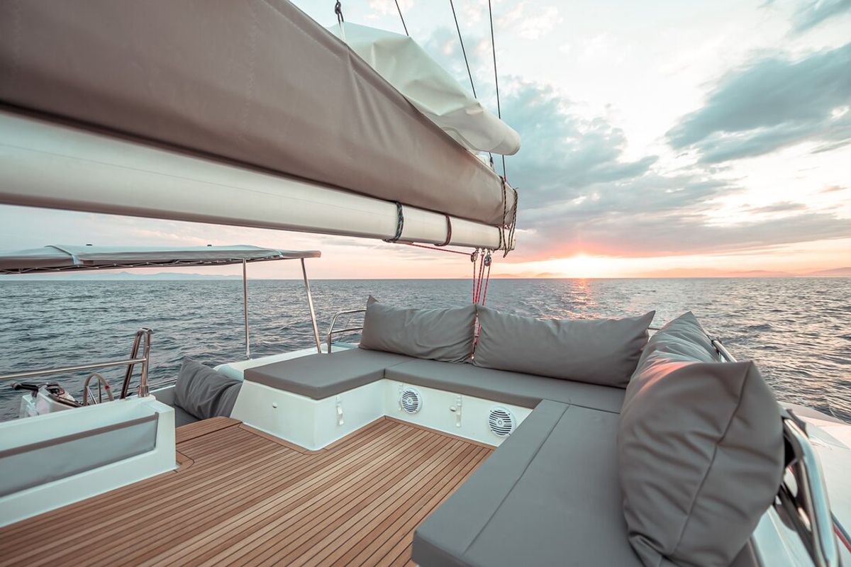 Deck of Sea Energy V, a Fountaine Pajot Saba 50 catamaran at Athens, Greece