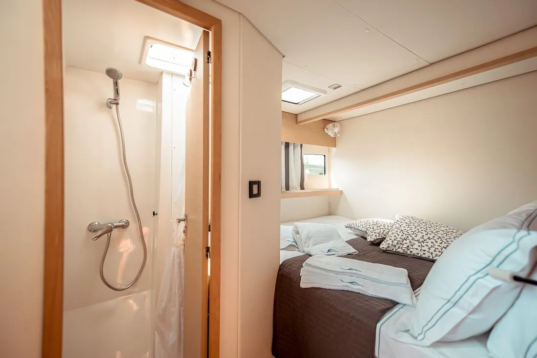 Head on Sea Energy V, a Fountaine Pajot Saba 50 catamaran at Athens, Greece