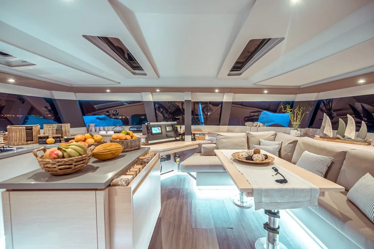 Salon of Sea Energy V, a Fountaine Pajot Saba 50 catamaran at Athens, Greece