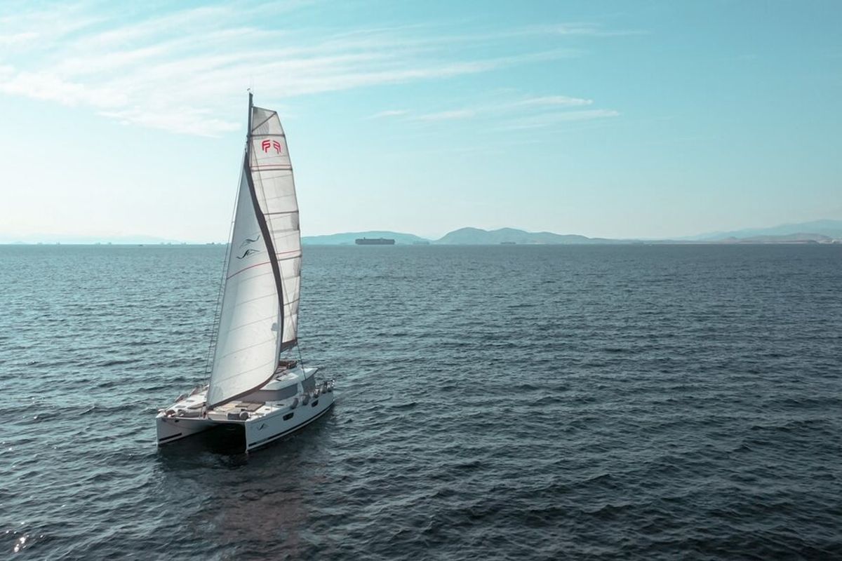 Exterior view of Sea Energy V, a Fountaine Pajot Saba 50 catamaran at Athens, Greece