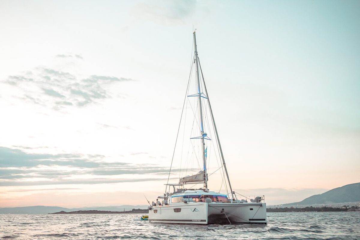 Exterior view of Sea Energy V, a Fountaine Pajot Saba 50 catamaran at Athens, Greece