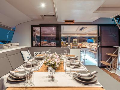 Salon of Sea Energy V, a Fountaine Pajot Saba 50 catamaran at Athens, Greece
