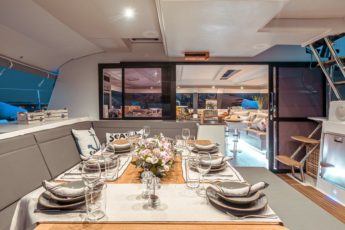 Salon of Sea Energy V, a Fountaine Pajot Saba 50 catamaran at Athens, Greece