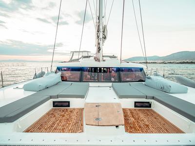 Deck of Sea Energy V, a Fountaine Pajot Saba 50 catamaran at Athens, Greece