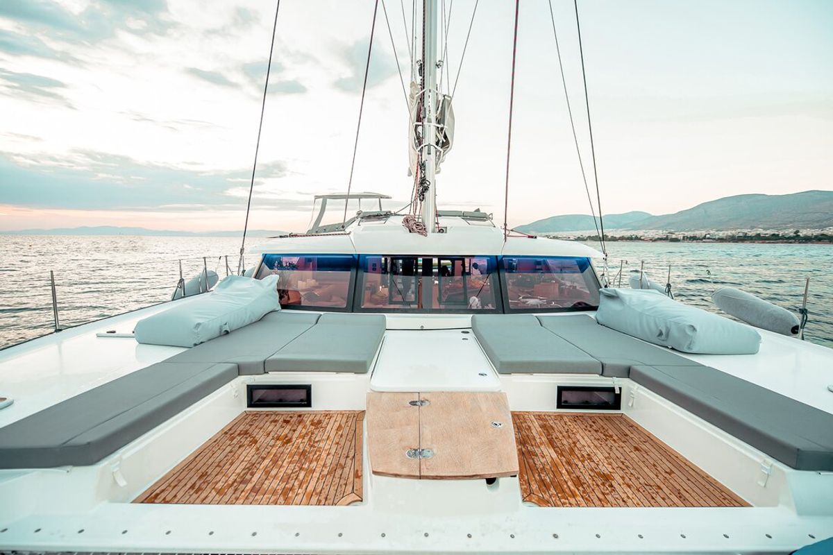 Deck of Sea Energy V, a Fountaine Pajot Saba 50 catamaran at Athens, Greece