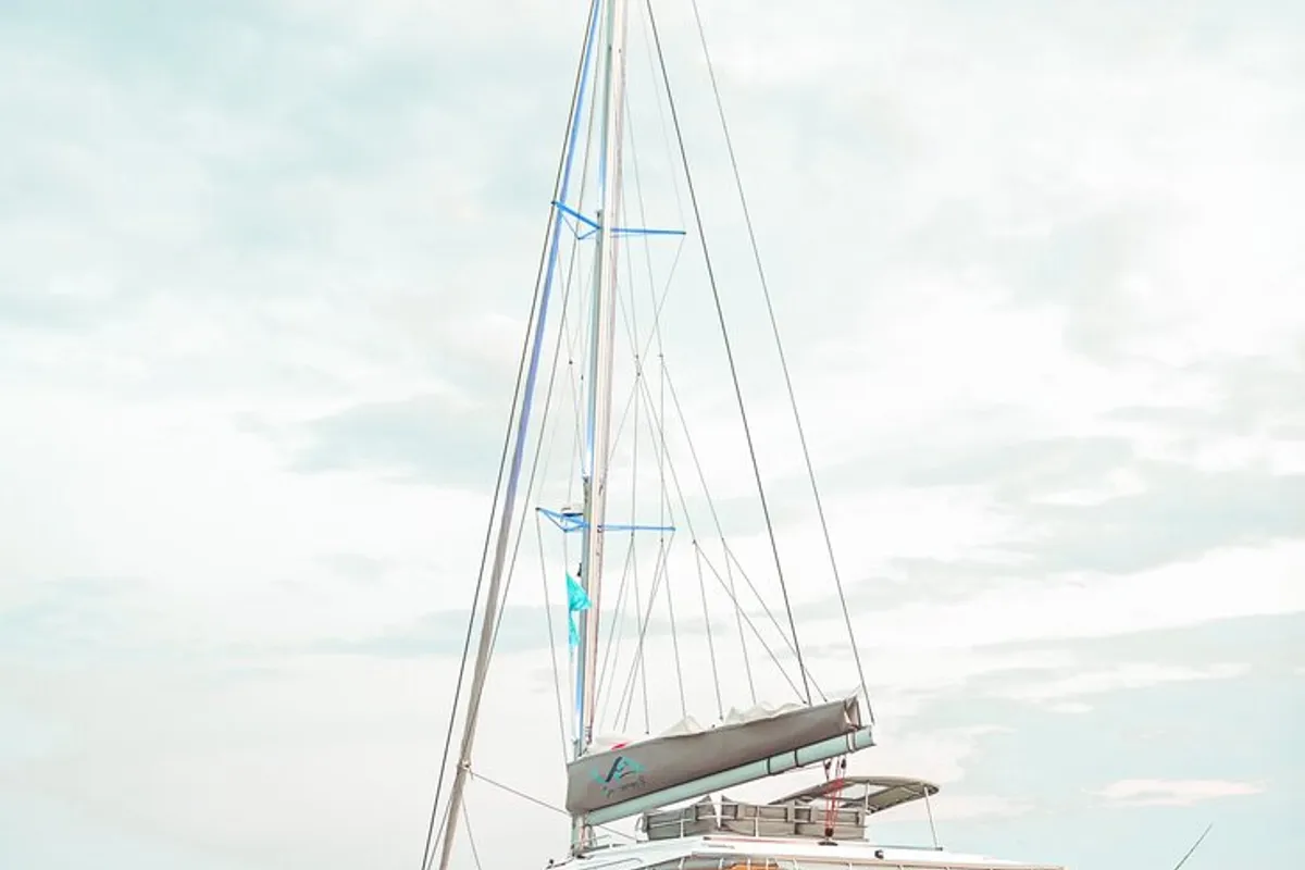 Exterior view of Sea Energy V, a Fountaine Pajot Saba 50 catamaran at Athens, Greece