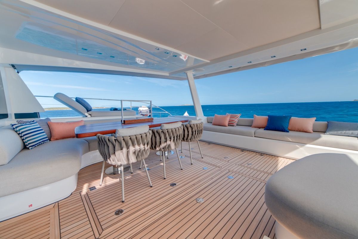Deck of Zenit, a Lagoon Seventy 8 catamaran at Olbia, Italy