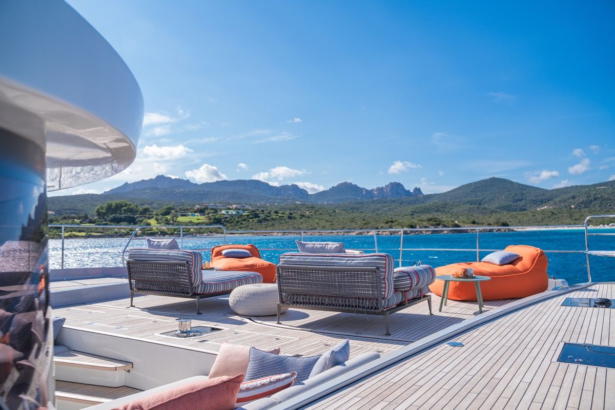 Deck of Zenit, a Lagoon Seventy 8 catamaran at Olbia, Italy