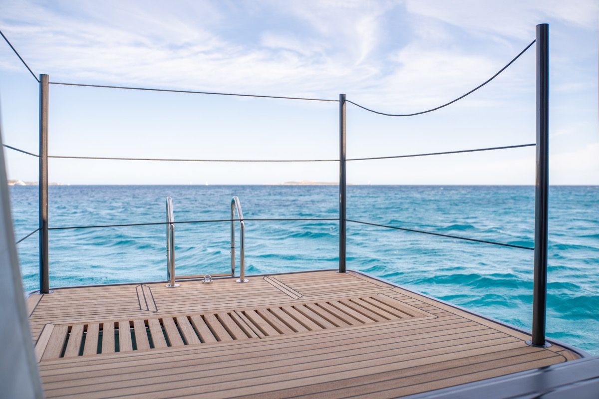 Deck of Zenit, a Lagoon Seventy 8 catamaran at Olbia, Italy