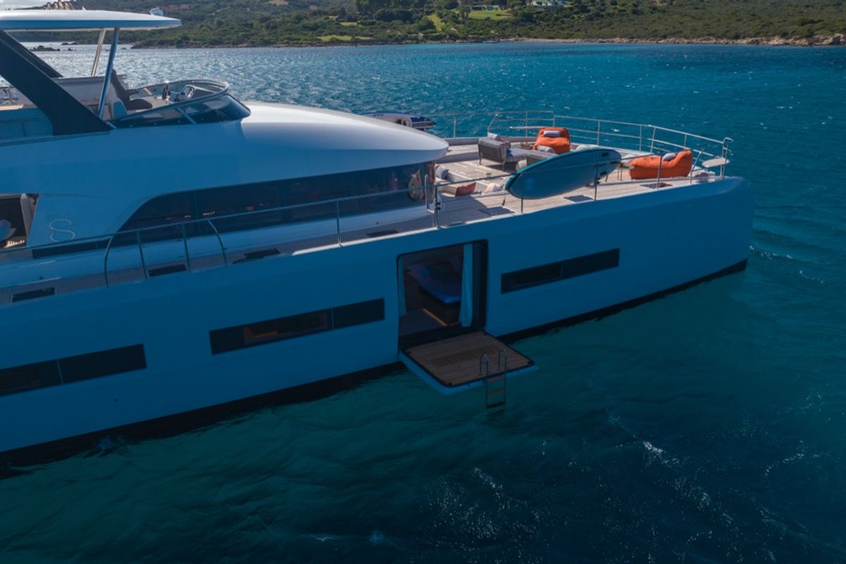 Exterior view of Zenit, a Lagoon Seventy 8 catamaran at Olbia, Italy
