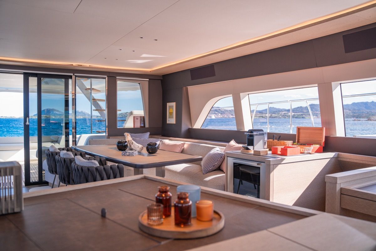 Salon of Zenit, a Lagoon Seventy 8 catamaran at Olbia, Italy