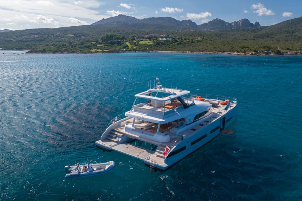 Exterior view of Zenit, a Lagoon Seventy 8 catamaran at Olbia, Italy