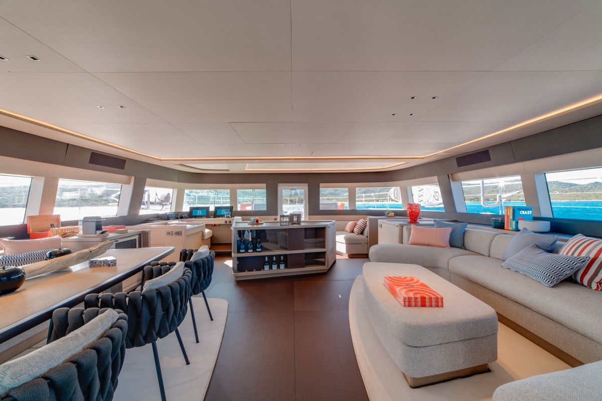 Salon of Zenit, a Lagoon Seventy 8 catamaran at Olbia, Italy
