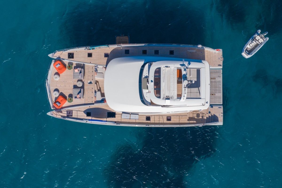 Exterior view of Zenit, a Lagoon Seventy 8 catamaran at Olbia, Italy