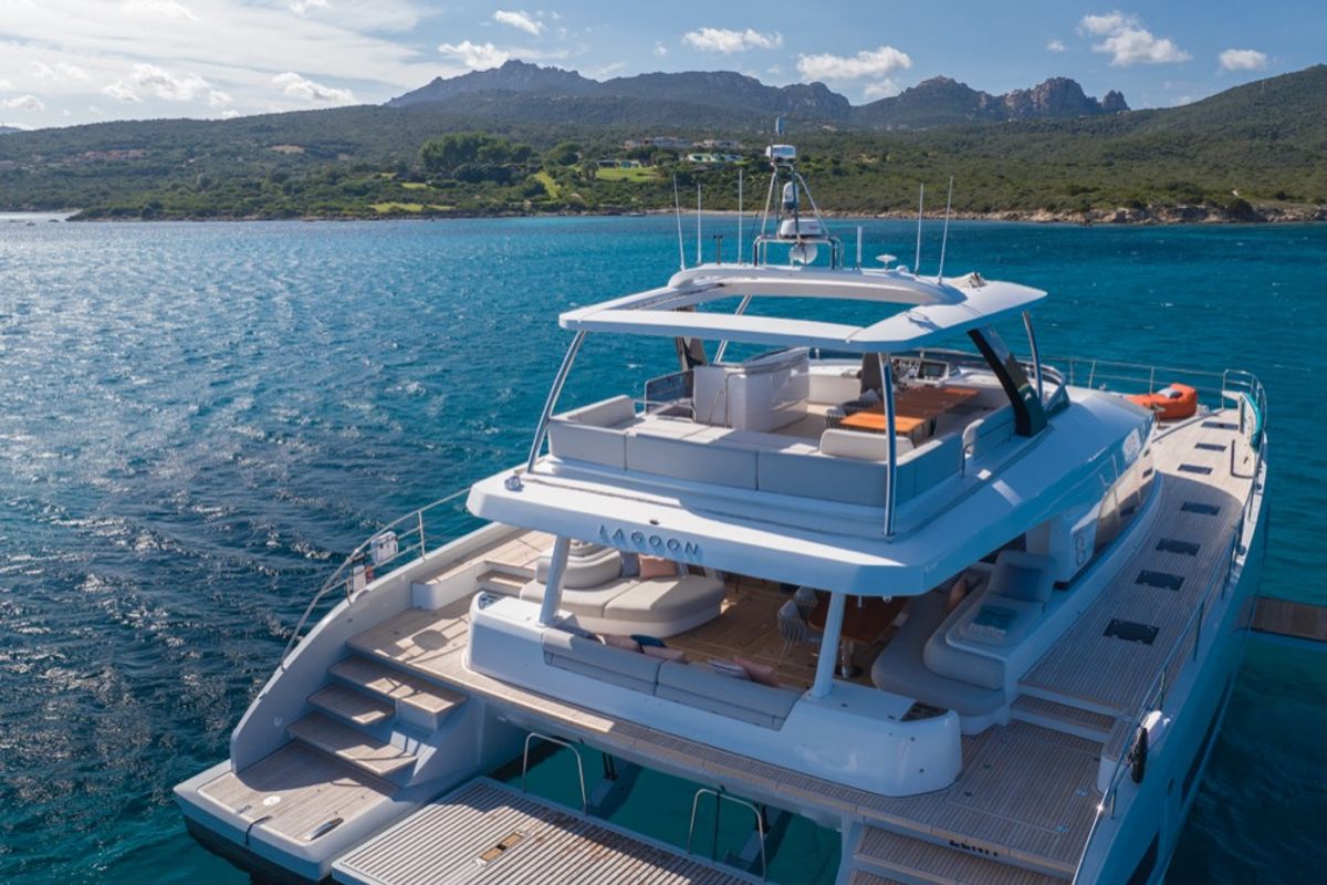 Exterior view of Zenit, a Lagoon Seventy 8 catamaran at Olbia, Italy