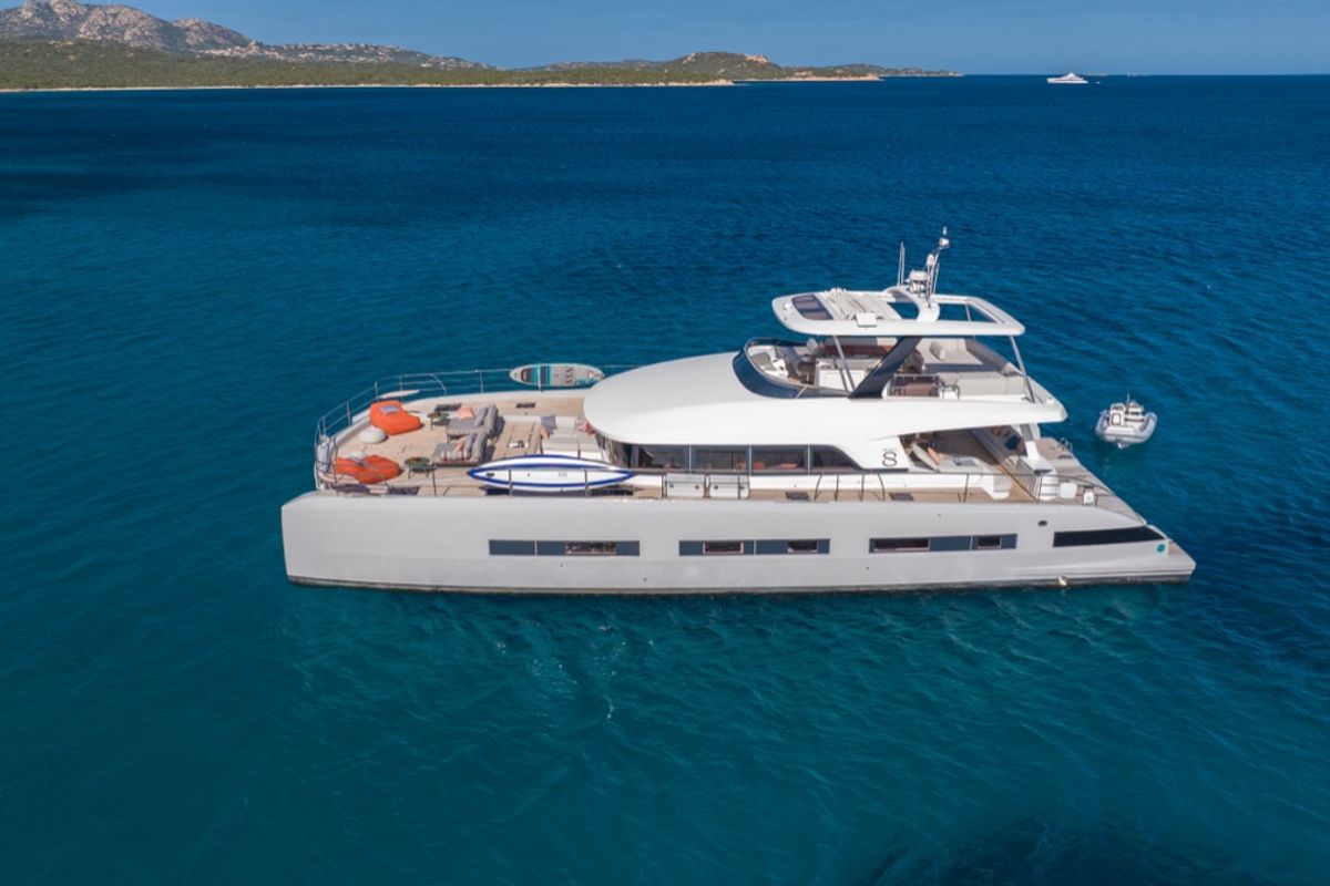 Exterior view of Zenit, a Lagoon Seventy 8 catamaran at Olbia, Italy
