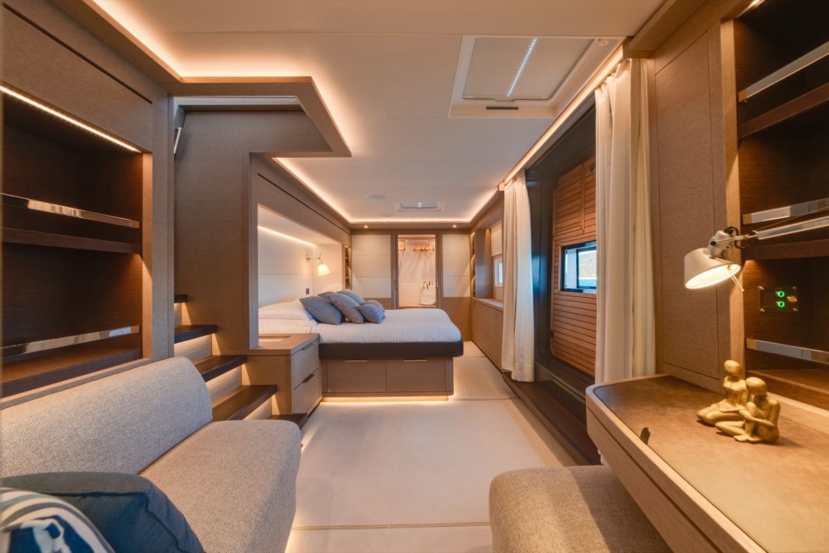 Cabin on Zenit, a Lagoon Seventy 8 catamaran at Olbia, Italy