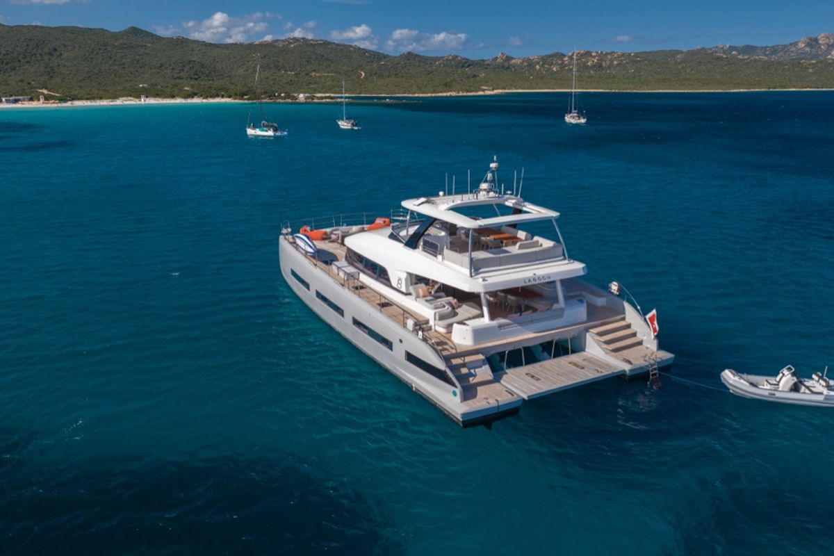 Exterior view of Zenit, a Lagoon Seventy 8 catamaran at Olbia, Italy