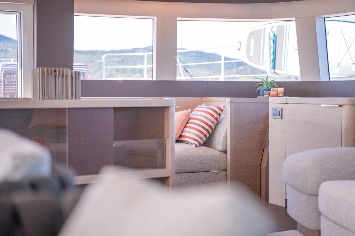 Salon of Zenit, a Lagoon Seventy 8 catamaran at Olbia, Italy