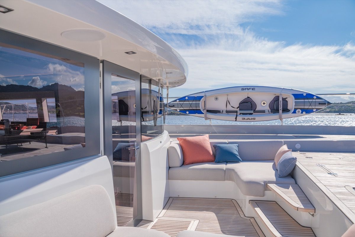 Deck of Zenit, a Lagoon Seventy 8 catamaran at Olbia, Italy