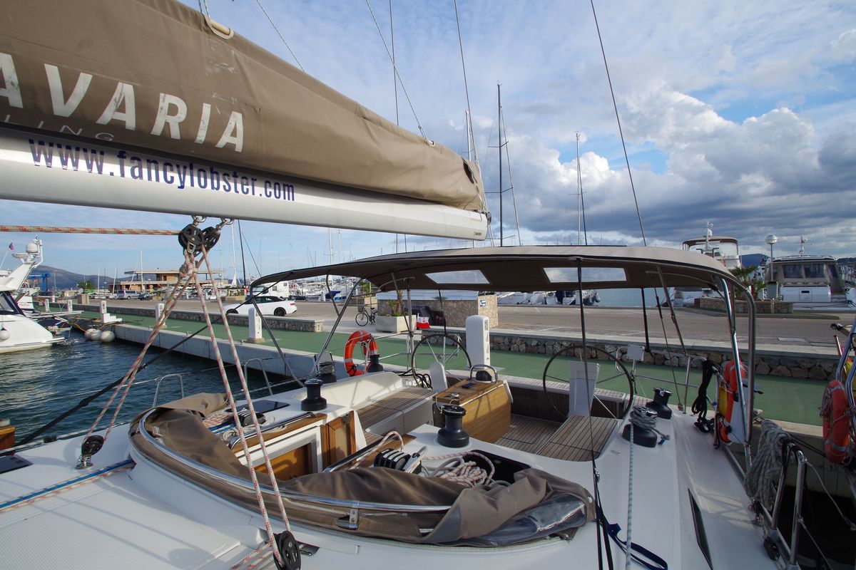 Deck of Papaya, a Bavaria 51 Cruiser sailboat at Port de Pollença, Spain
