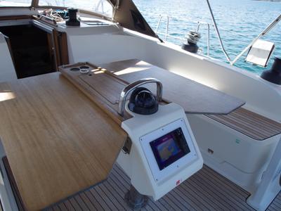 Cockpit of Papaya, a Bavaria 51 Cruiser sailboat at Port de Pollença, Spain