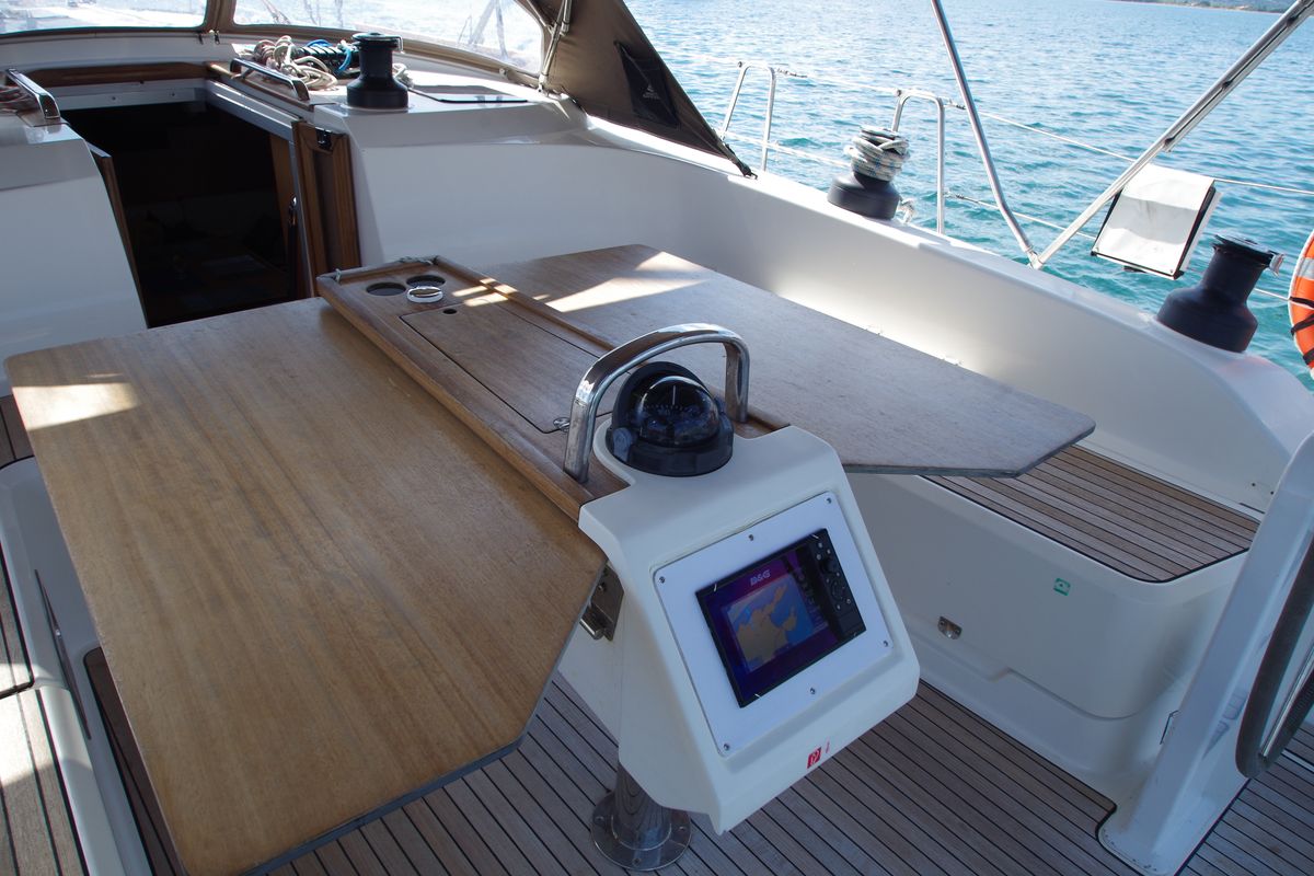 Cockpit of Papaya, a Bavaria 51 Cruiser sailboat at Port de Pollença, Spain