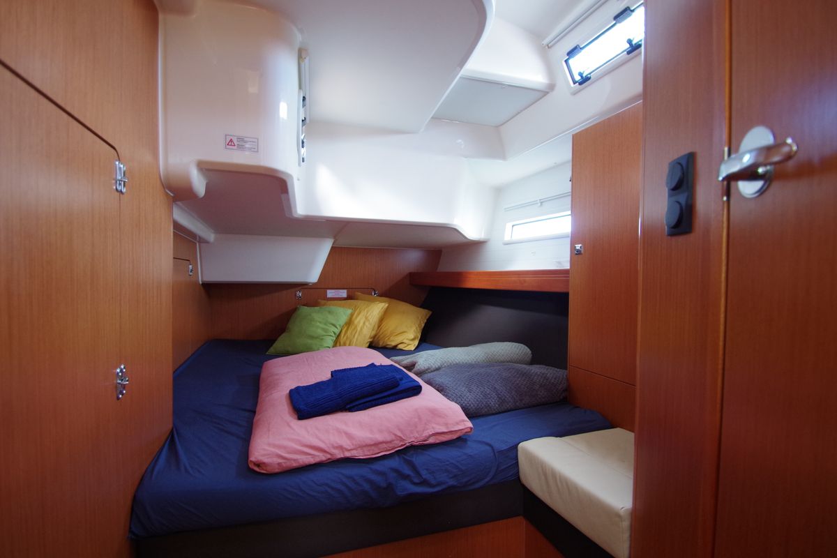 Cabin on Papaya, a Bavaria 51 Cruiser sailboat at Port de Pollença, Spain