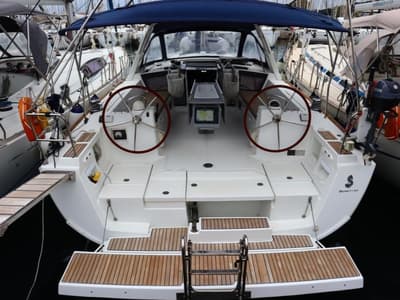 Deck of Ecstasea, a Beneteau Oceanis 41 sailboat at Athens, Greece