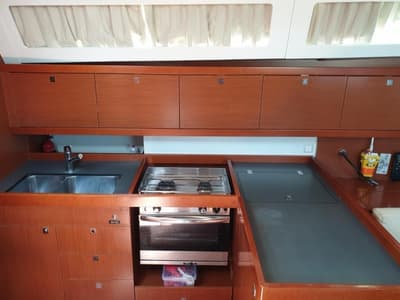 Galley of Ecstasea, a Beneteau Oceanis 41 sailboat at Athens, Greece