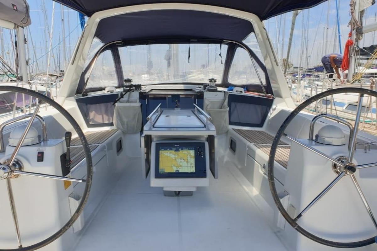 Cockpit of Ecstasea, a Beneteau Oceanis 41 sailboat at Athens, Greece