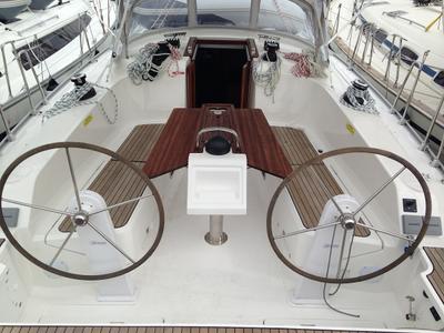 Cockpit of Alisahni, a Bavaria Cruiser 41 sailboat at Kos, Greece