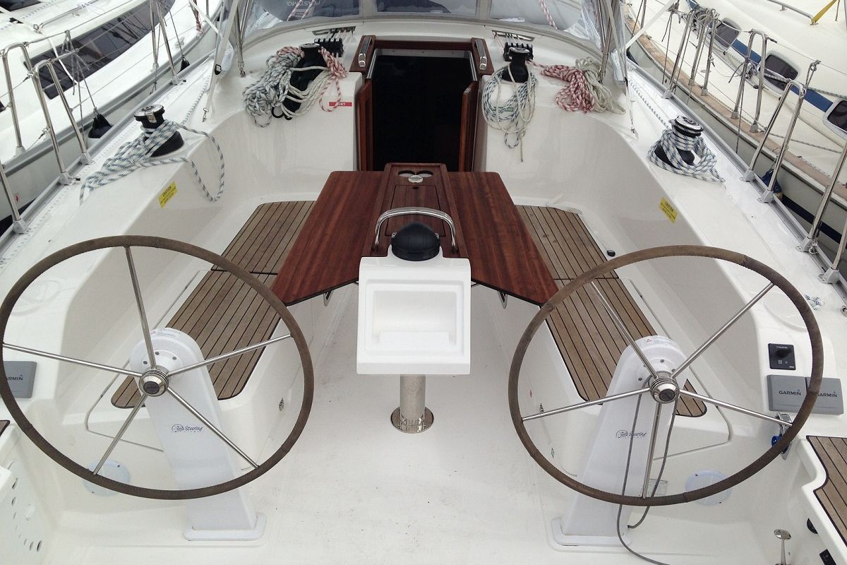 Cockpit of Alisahni, a Bavaria Cruiser 41 sailboat at Kos, Greece