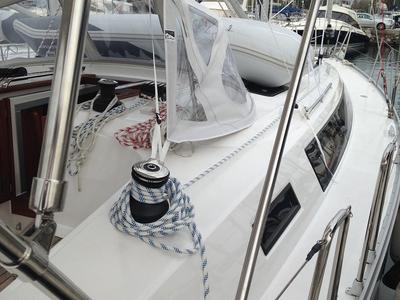 Deck of Alisahni, a Bavaria Cruiser 41 sailboat at Kos, Greece
